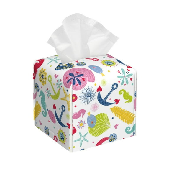 Uemuo Undersea Seahorse Tissue Box Cover Holder, Square with Bottom Belt - PVC Leather Decorative Organizer for Tabletop, Bathroom, Car, Office