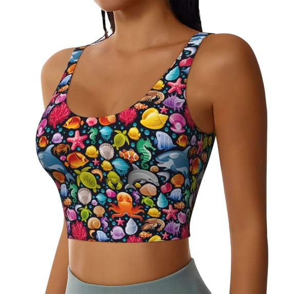 Uemuo Underwater Diving Animals Pattern Women's Sports Bra - High Impact Support, Breathable, and Comfortable Athletic Bra for Running, Yoga, and Workouts