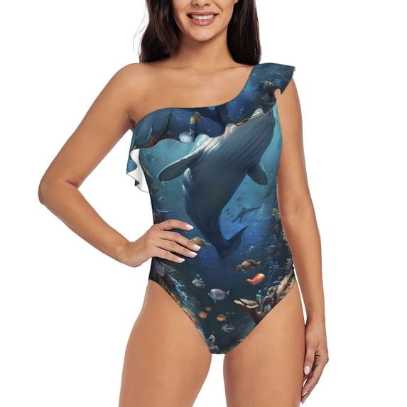 Uemuo Underwater Dolphin Print Women's One Piece Swimsuit Asymmetrical Neck Bathing Suit One Shoulder Side Cutout Ruffle Swimwear-XX-Large
