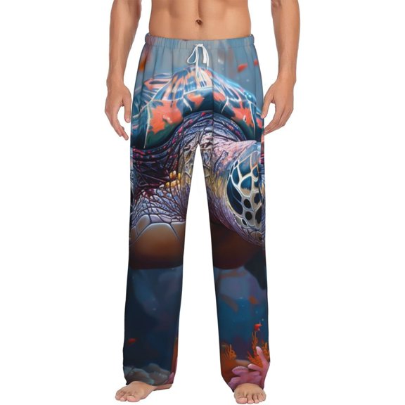 Uemuo Underwater Lazy Turtle Pattern Men's Wide Leg Palazzo Lounge Pants with Pockets Light Weight Loose Comfy Casual Pajama Pants-Large
