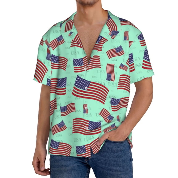 Uemuo Usa Flag Pattern Cotton Linen Short Sleeve Shirts,Casual Lightweight Button Down Shirts,Vacation Beach Summer Tops-Small