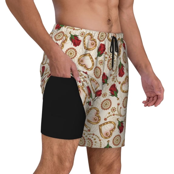 Uemuo Valentine'S Day Rose Pattern Mens Swim Trunks Quick Dry Board Shorts with Mesh Lining, Stretch Beach Shorts Quick Dry No-Chafing Board Shorts-X-Large