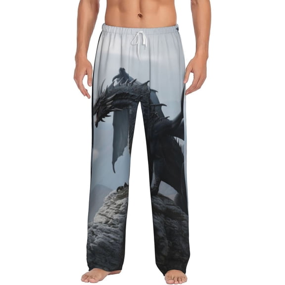 Uemuo Valley Gray Dragon Pattern Men's Wide Leg Palazzo Lounge Pants with Pockets Light Weight Loose Comfy Casual Pajama Pants-Small