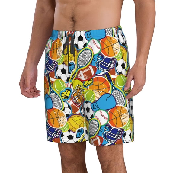Uemuo Various Balls Pattern Men's Swim Trunks Hawaiian Beach Bathing Suit Swimsuits Beach Quick-Dry Shorts with Pockets-Large