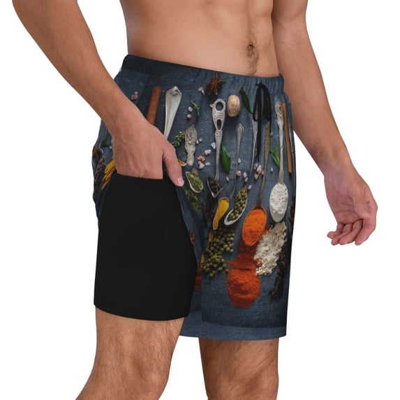 Uemuo Various Herbs And Spices In Spoons Pattern Mens Swim Trunks Quick Dry Board Shorts with Mesh Lining, Stretch Beach Shorts Quick Dry No-Chafing Board Shorts-3X-Large
