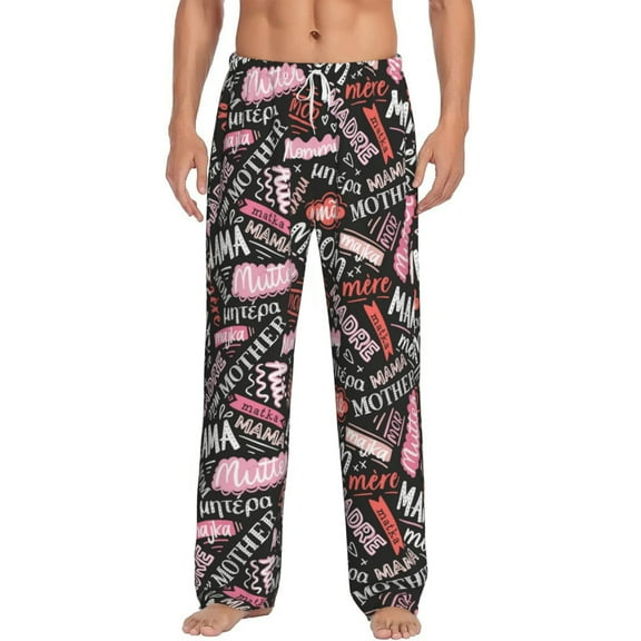 Uemuo Various Languages Mother Pattern Men's Wide Leg Palazzo Lounge Pants with Pockets Light Weight Loose Comfy Casual Pajama Pants-Small