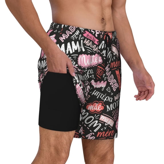 Uemuo Various Languages Mother Pattern Mens Swim Trunks Quick Dry Board Shorts with Mesh Lining, Stretch Beach Shorts Quick Dry No-Chafing Board Shorts-3X-Large