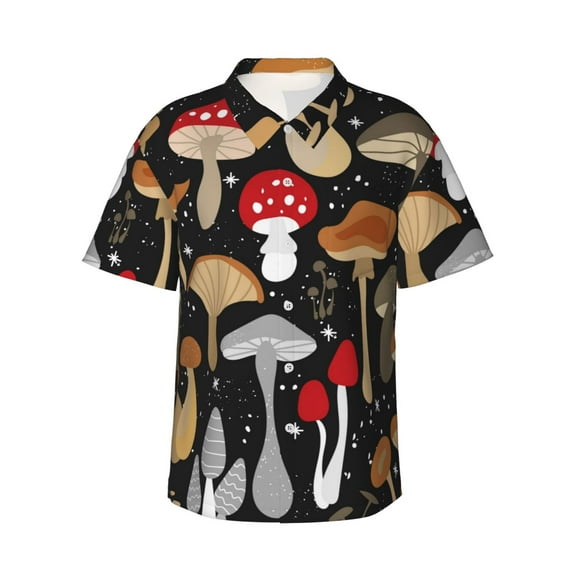 Uemuo Various Mushrooms Printed Regular Fit Short Sleeve Casual Hawaiian Shirt for Men,Aloha shirt,Tropical shirt,Floral print shirt,Vacation Beach shirt-Medium