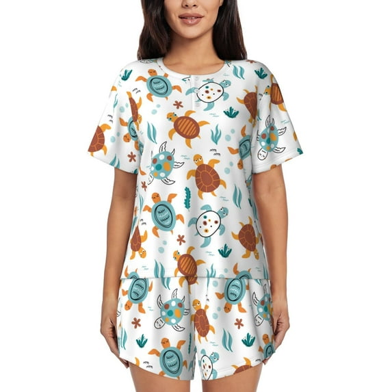 Uemuo Various Turtle Pattern Women's Short-Sleeved Pajama, Button-Front Loungewear, 2-Piece Summer Sleepwear, Elastic Drawstring Shorts-Medium