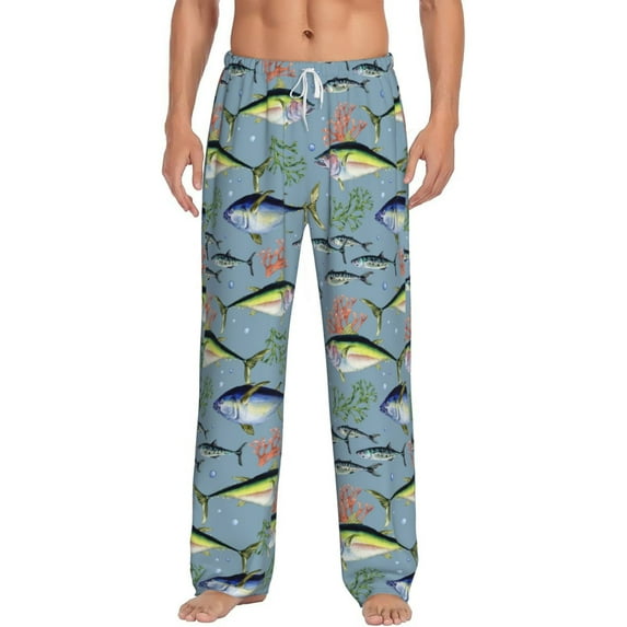 Uemuo Various Wild Sea Fish Pattern Men's Wide Leg Palazzo Lounge Pants with Pockets Light Weight Loose Comfy Casual Pajama Pants-Small
