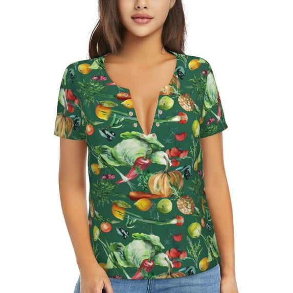Uemuo Vegan Drawing Women's Deep V-Neck Low Cut Tops - Casual Loose Fit with Stainless Steel Loop, Soft, Breathable, Perfect for Office, Travel, and Daily Wear-Large