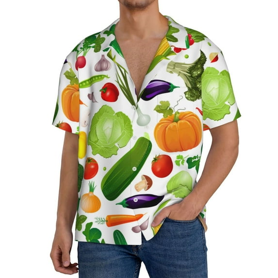 Uemuo Vegetables2 Pattern Cotton Linen Short Sleeve Shirts,Casual Lightweight Button Down Shirts,Vacation Beach Summer Tops-Large