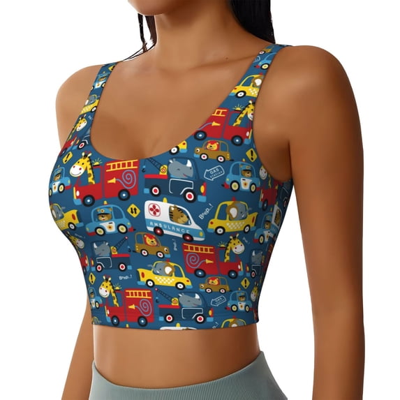 Uemuo Vehicles Cartoon with Funny Drivers,Animal Drivers Pattern Women's Sports Bra - High Impact Support, Breathable, and Comfortable Athletic Bra for Running, Yoga, and Workouts