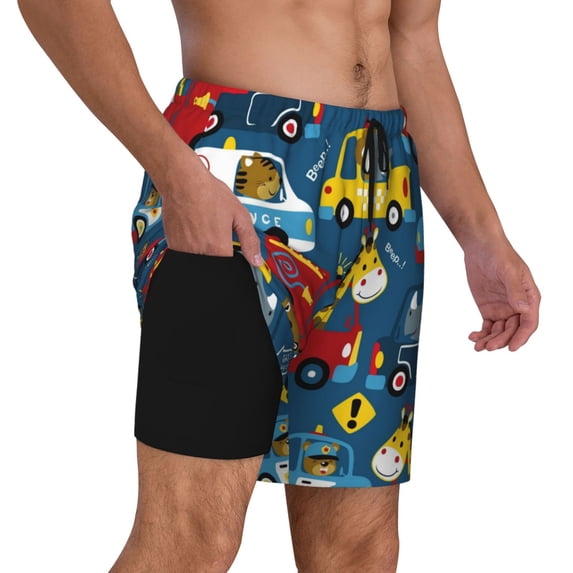 Uemuo Vehicles Cartoon with Funny Drivers Pattern Mens Swim Trunks Quick Dry Board Shorts with Mesh Lining, Stretch Beach Shorts Quick Dry No-Chafing Board Shorts-