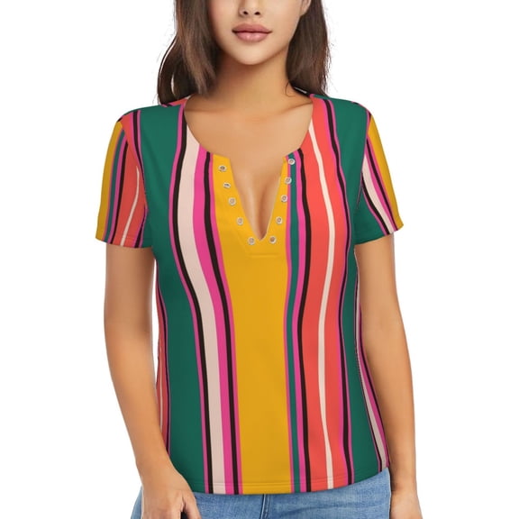 Uemuo Vertical Stripes Drawing Women's Deep V-Neck Low Cut Tops - Casual Loose Fit with Stainless Steel Loop, Soft, Breathable, Perfect for Office, Travel, and Daily Wear-Small