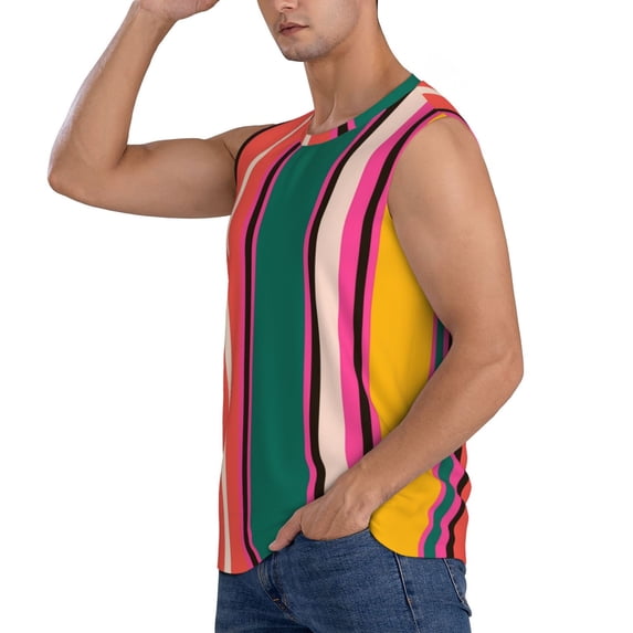 Uemuo Vertical Stripes Pattern Men's Sleeveless T-Shirt,Muscle Athletic Tank Top, Moisture-wicking Quick-dry Breathable Classic Tee Top for Gym Run Outdoor Sports-X-Large