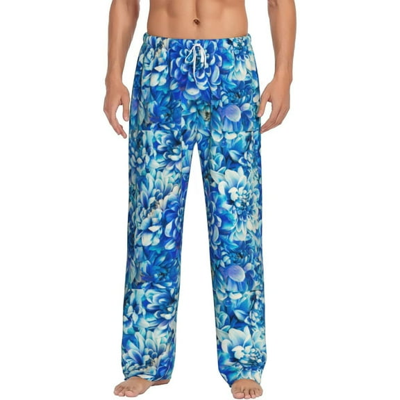 Uemuo Vibrant Blue Floral Pattern Men's Wide Leg Palazzo Lounge Pants with Pockets Light Weight Loose Comfy Casual Pajama Pants-XX-Large