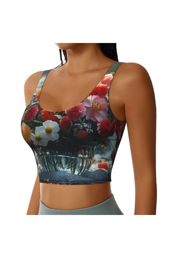 Vibrant Bouquet Waterfall Pattern Women's Sports Bra - High Impact Support, Breathable, and Comfortable Athletic Bra for Running, Yoga, and Workouts
