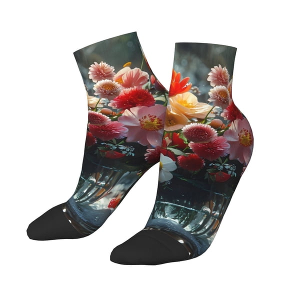 Uemuo Vibrant Bouquet Waterfall Printed Crew Socks, Moisture-Wicking Socks, Athletic Socks for Men Breathable Cushion Socks Casual Sport Socks for Running Traveling