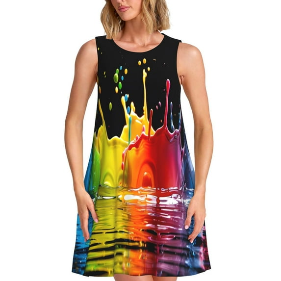 Uemuo Vibrant Color Splash Pattern Women’s Sleeveless Dress – Casual Summer A-Line Dress, Stylish and Comfortable Sundress for Hot Weather