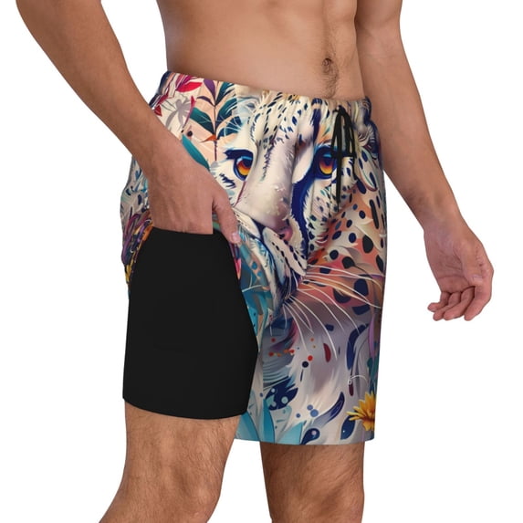 Uemuo Vibrant Leopard In Flowers Pattern Mens Swim Trunks Quick Dry Board Shorts with Mesh Lining, Stretch Beach Shorts Quick Dry No-Chafing Board Shorts-Large