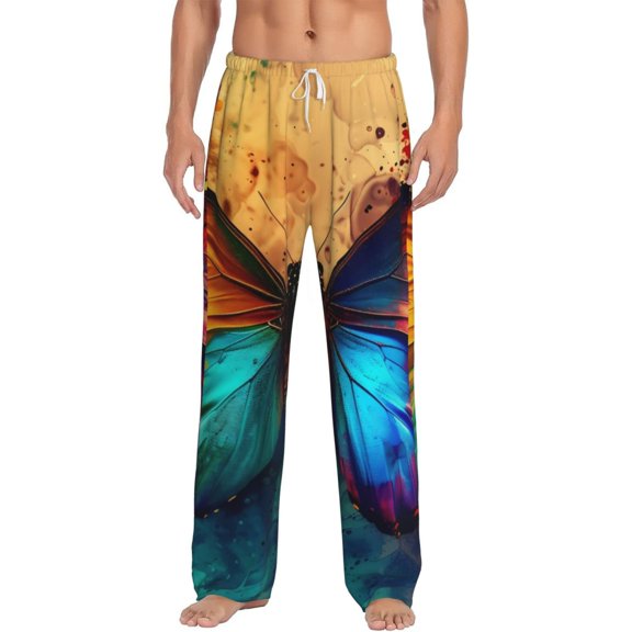 Uemuo Vibrant Rainbow Butterfly A Pattern Men's Wide Leg Palazzo Lounge Pants with Pockets Light Weight Loose Comfy Casual Pajama Pants-Medium