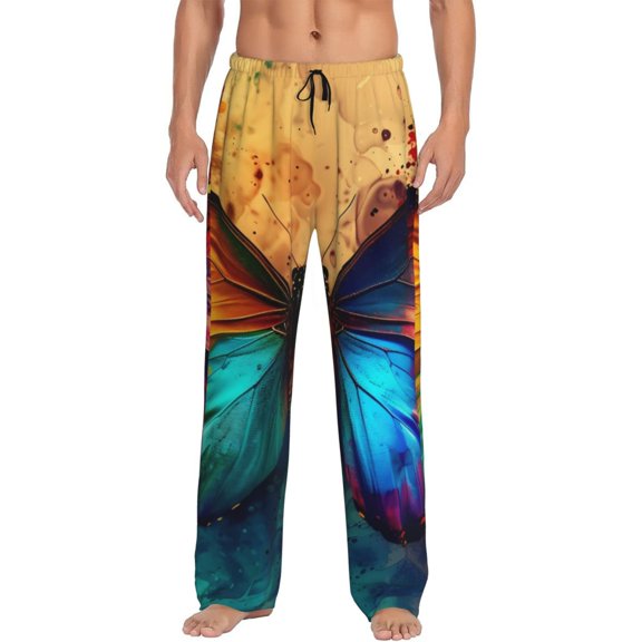 Uemuo Vibrant Rainbow Butterfly A Pattern Men's Wide Leg Palazzo Lounge Pants with Pockets Light Weight Loose Comfy Casual Pajama Pants-XX-Large