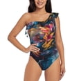 thumbnail image 1 of Uemuo Vibrant Rooster Painting Print Women's One Piece Swimsuit Asymmetrical Neck Bathing Suit One Shoulder Side Cutout Ruffle Swimwear-Small, 1 of 6