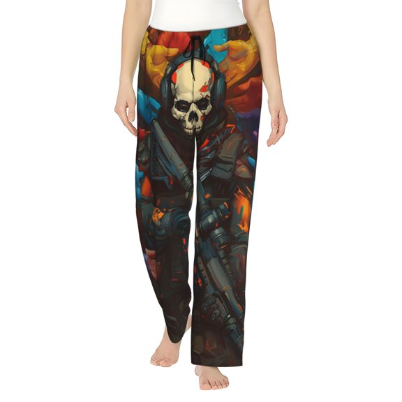 Uemuo Vibrant Skull Soldier Pattern Women's Wide Leg Palazzo Lounge Pants with Pockets Light Weight Loose Comfy Casual Pajama Pants-Small