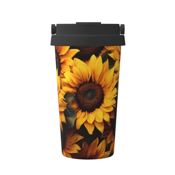 Uemuo Vibrant Sunflower Blooms Print Carry Insulated Coffee Mug, Travel Mug with Hidden Handle, Insulated Coffee Flask, Leak-proof Travel Mug Insulated Mug for Office
