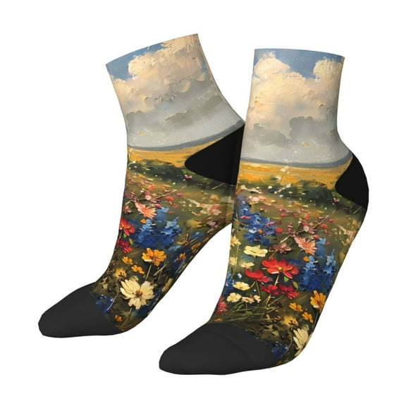 Uemuo Vibrant Wildflower Meadow Printed Crew Socks, Moisture-Wicking Socks, Athletic Socks for Men Breathable Cushion Socks Casual Sport Socks for Running Traveling