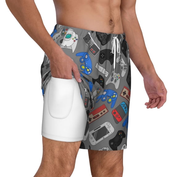 Uemuo Video Game Pattern Mens Swim Trunks Quick Dry Board Shorts with Mesh Lining, Stretch Beach Shorts Quick Dry No-Chafing Board Shorts-Large