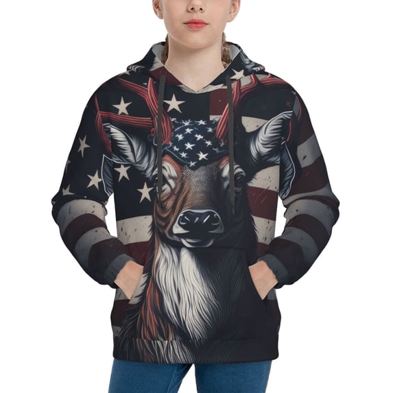 Uemuo Vintage American Deer Pattern Hooded Sweatshirt for Youth Pullover with Kangaroo Pocket Trendy youth sweatshirt Casual Hoodie for Boys and Girls-Medium