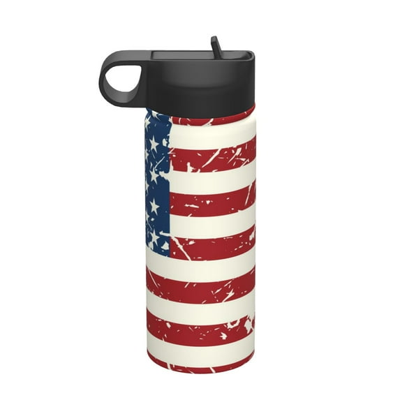 Uemuo Vintage American Flag Print 18oz Sports Insulated Kettle, Water Bottle, Outdoor Sports Bottle, Insulated Hydration Bottle with Handle & Flip Straw