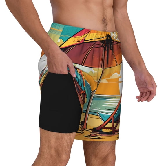 Uemuo Vintage Beach Sunset Pattern Mens Swim Trunks Quick Dry Board Shorts with Mesh Lining, Stretch Beach Shorts Quick Dry No-Chafing Board Shorts-