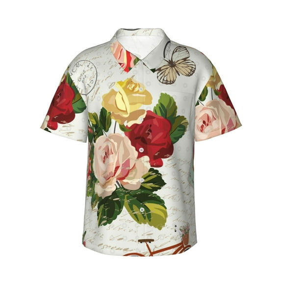 Uemuo Vintage Bike Flower Butterfly Printed Regular Fit Short Sleeve Casual Hawaiian Shirt for Men,Aloha shirt,Tropical shirt,Floral print shirt,Vacation Beach shirt-XX-Large