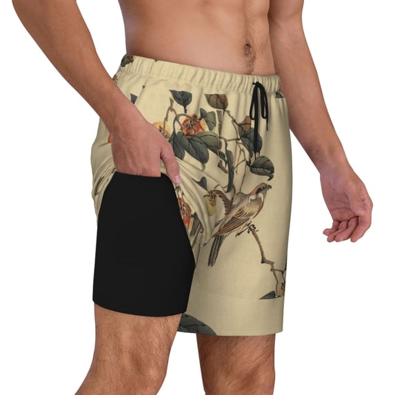 Uemuo Vintage Bird Pattern Mens Swim Trunks Quick Dry Board Shorts with Mesh Lining, Stretch Beach Shorts Quick Dry No-Chafing Board Shorts-3X-Large