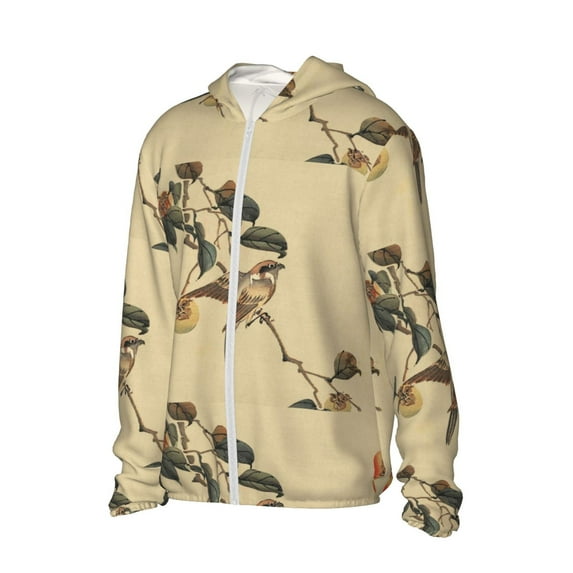 Uemuo Vintage Bird Pattern Women's Full Zip UPF 50+ Sun Protection Hoodie Jacket Long Sleeve Sun Shirt Hiking Outdoor Performance with Pockets-Small