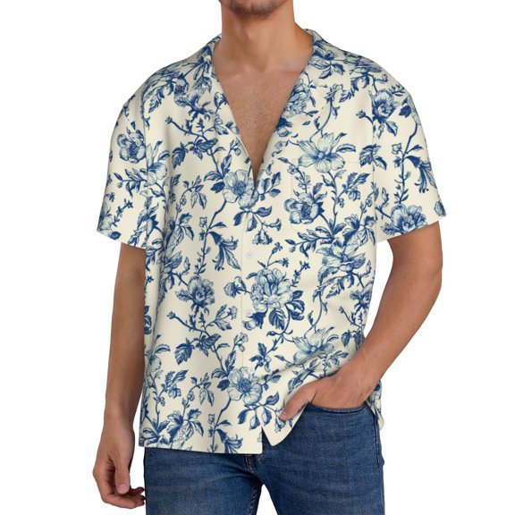 Uemuo Vintage Blue Floral Pattern Cotton Linen Short Sleeve Shirts,Casual Lightweight Button Down Shirts,Vacation Beach Summer Tops-Large