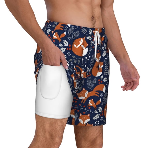 Uemuo Cute Foxes Pattern Mens Swim Trunks Quick Dry Board Shorts with Mesh Lining, Stretch Beach Shorts Quick Dry No-Chafing Board Shorts-Medium
