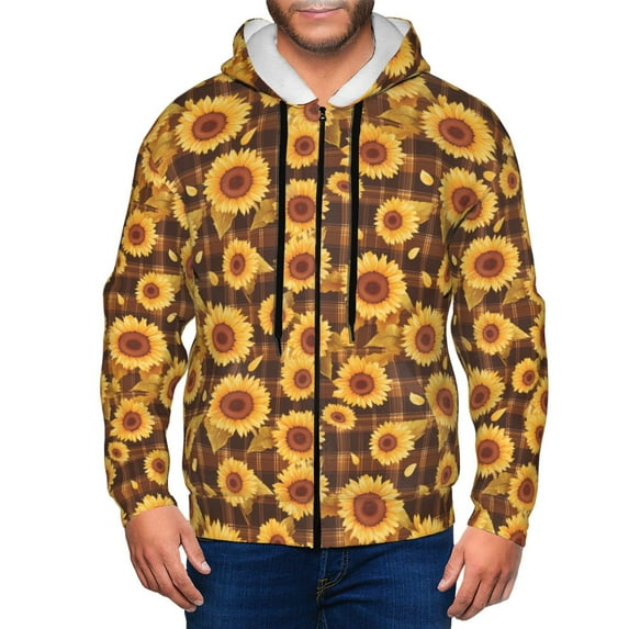 Uemuo Vintage Brown Plaid Sunflower for Men's Fashion Full-zip Hoodies & Sweatshirts with Kangaroo Pocket, Zip-up Hooded Sweatshirt, Moisture Wicking & Breathable-3X-Large