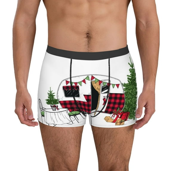 Uemuo Vintage Buffalo Plaid Christmas Camper Pattern Men's Boxer Briefs,Trunk Anti-Chafing,Comfortable, Durable, and Stylish Underwear-Large