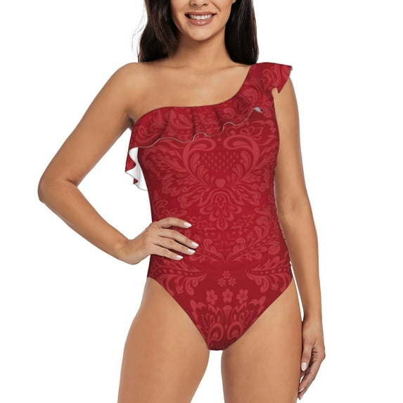 Uemuo Vintage Burgundy Print Women's One Piece Swimsuit Asymmetrical Neck Bathing Suit One Shoulder Side Cutout Ruffle Swimwear-X-Large