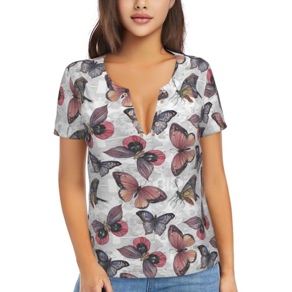 Uemuo Vintage Butterflies Drawing Women's Deep V-Neck Low Cut Tops - Casual Loose Fit with Stainless Steel Loop, Soft, Breathable, Perfect for Office, Travel, and Daily Wear-Small