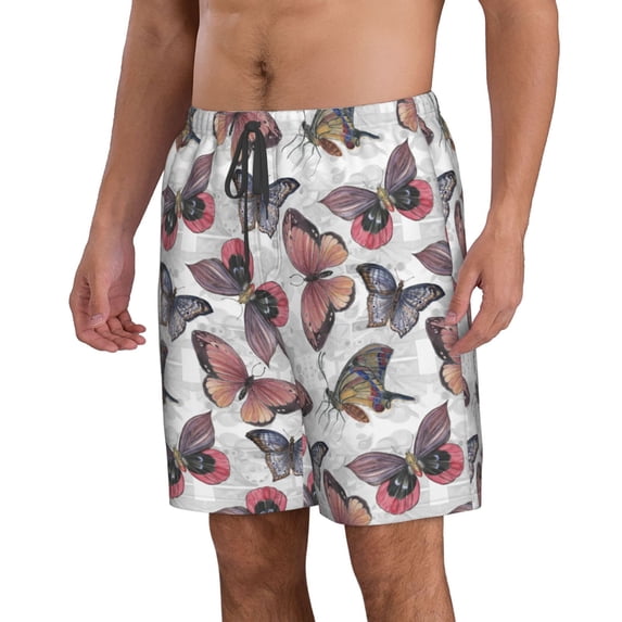 Uemuo Vintage Butterflies Pattern Men's Swim Trunks Hawaiian Beach Bathing Suit Swimsuits Beach Quick-Dry Shorts with Pockets-XX-Large