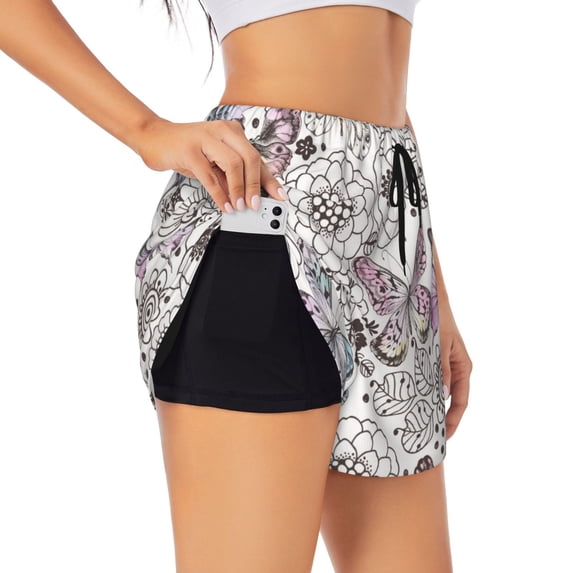 Uemuo Vintage Butterflies Pattern Women's Athletic Shorts High Waisted Running Shorts with Liner Pockets Gym Elastic Workout Shorts-XX-Large