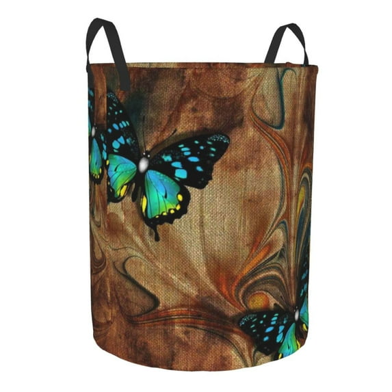 Uemuo Vintage Butterfly Green Pattern Circular Laundry Hamper Basket with handles,Collapsible laundry basket,Large capacity laundry hamper,Laundry Organizer-Small