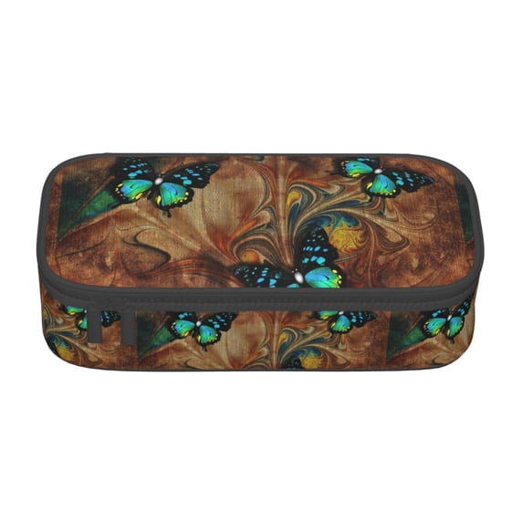 Uemuo Vintage Butterfly Green Printed Large Pencil Case, Big Capacity Pencil Pouch Stationery Pen Bag, Storage High Capacity Bag Pouch Holder Box Organizer, Marker Pen Case