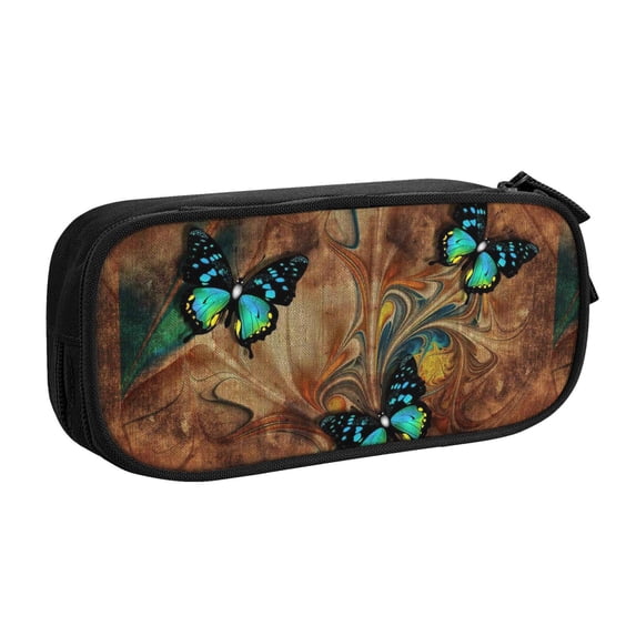 Uemuo Vintage Butterfly Green Printed Pencil Pen Case, Portable Pencil Pouch with Zipper, Compact Stationery Bag Makeup Bag, Pencil Bag for Home Office
