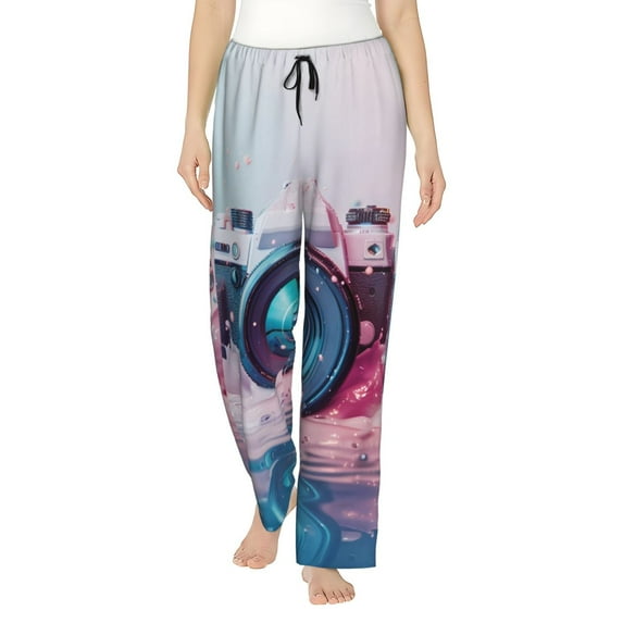 Uemuo Vintage Camera Splash Art Pattern Women's Wide Leg Palazzo Lounge Pants with Pockets Light Weight Loose Comfy Casual Pajama Pants-
